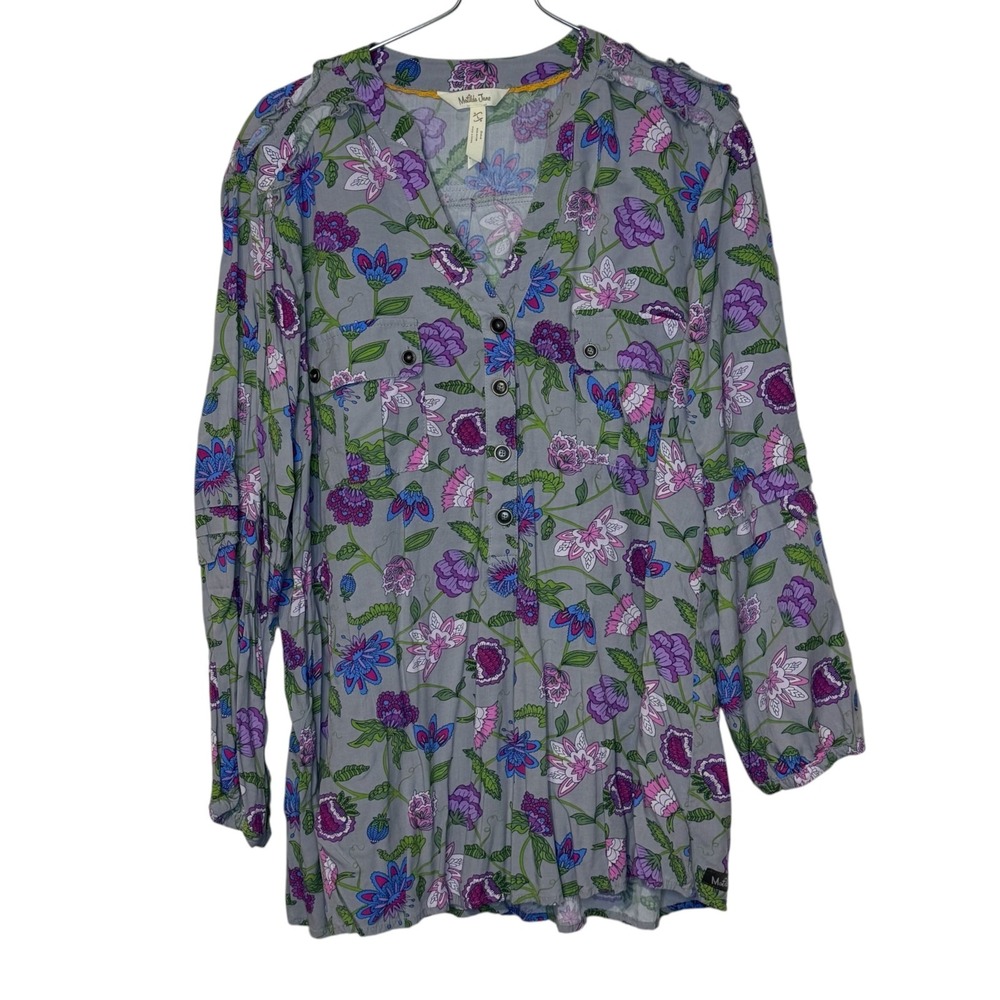 Matilda Jane Womens Floral Button Up Top Gray Long Sleeve Relaxed Fit Large